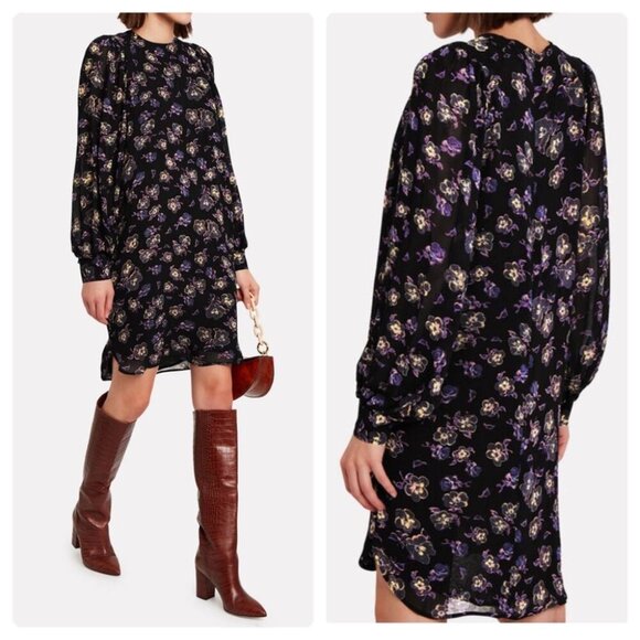 Ganni Floral Long Blouson Sleeve Floral Pansy Georgette Mini Dress 8-10 - Picture 2 of 9